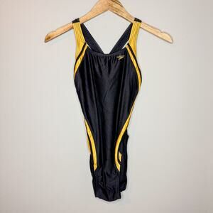 Vintage 90s Speedo Endurance One Piece Swimsuit Black Yellow High Cut 10/36